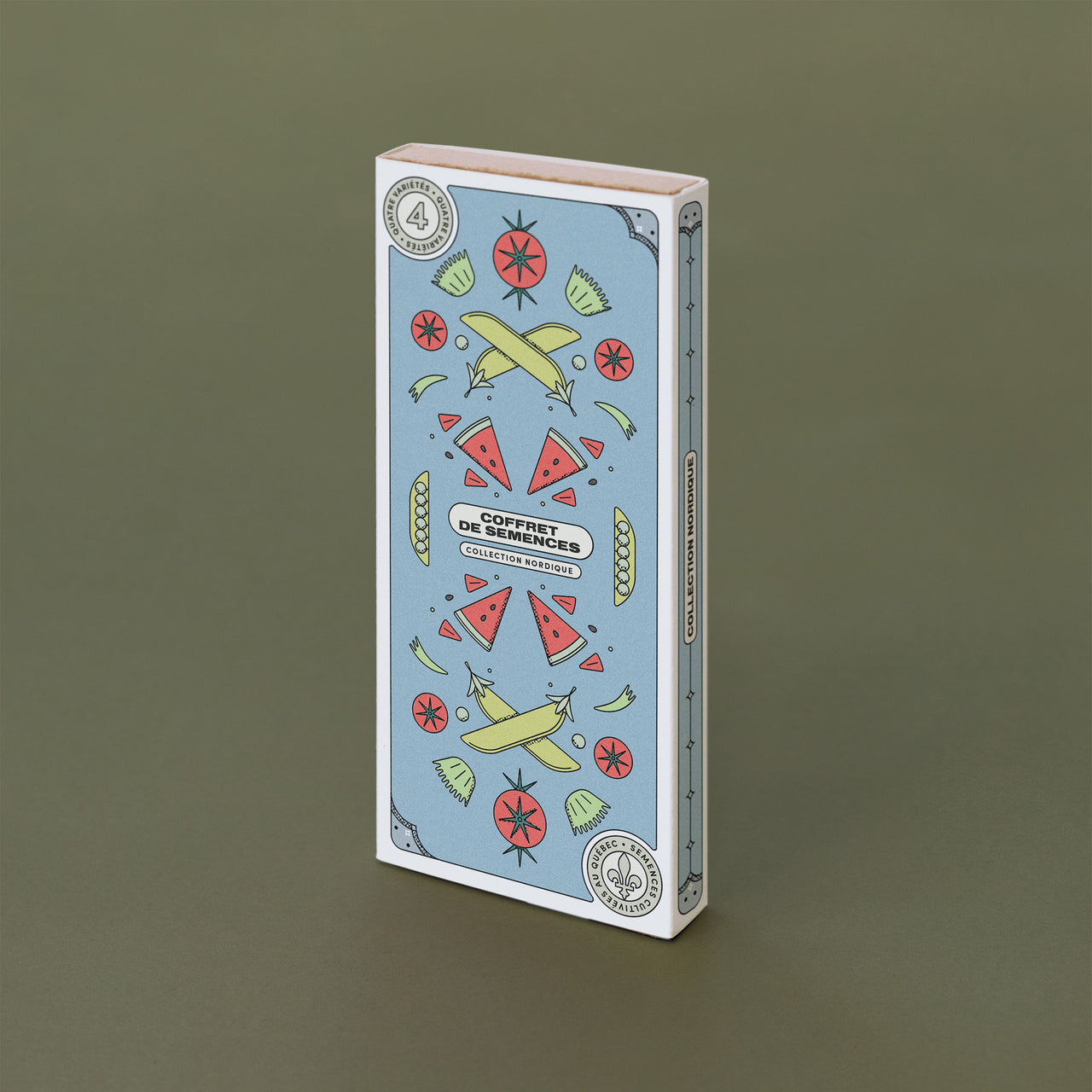 Boite rectangulaire avec des dessins de variétés qu'elle contient. On peut lire « Coffret de semences : Collection nordique »