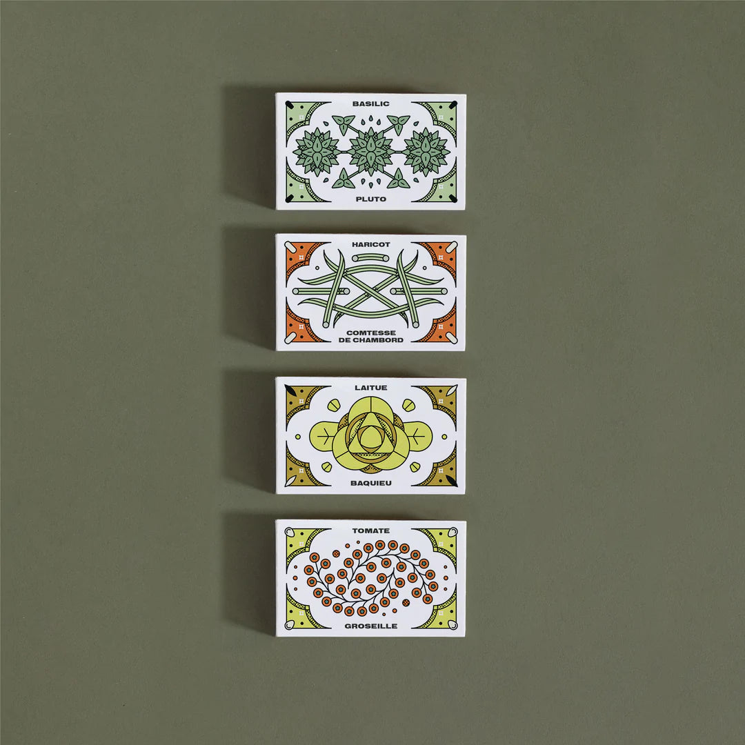 Quatre (4) petites boites, chacune illustrée avec la variété de semences qu'elle renferme.