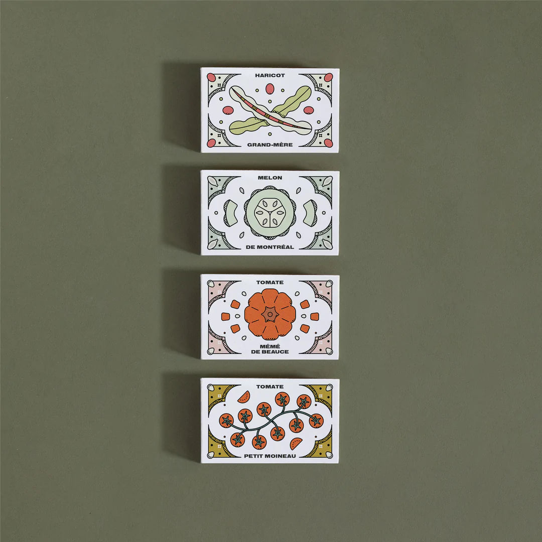 Quatre (4) petites boites, chacune illustrée avec la variété de semences qu'elle contient.
