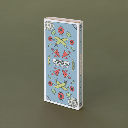 Boite rectangulaire avec des dessins de variétés qu'elle contient. On peut lire « Coffret de semences : Collection nordique »