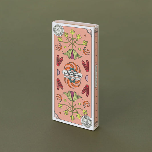 Boite rectangulaire rose avec des dessins des variétés de végétaux qu'elle renferme. On peut lire: «Coffret de semences: collection salsa».