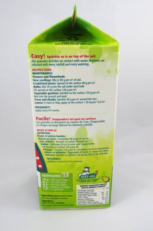 Côté du carton de lait d'acti-sol (fumier de poulet) avec les instructions.