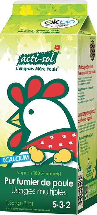 Carton de lait à l'effigie d'acti-sol, fumier de poule.