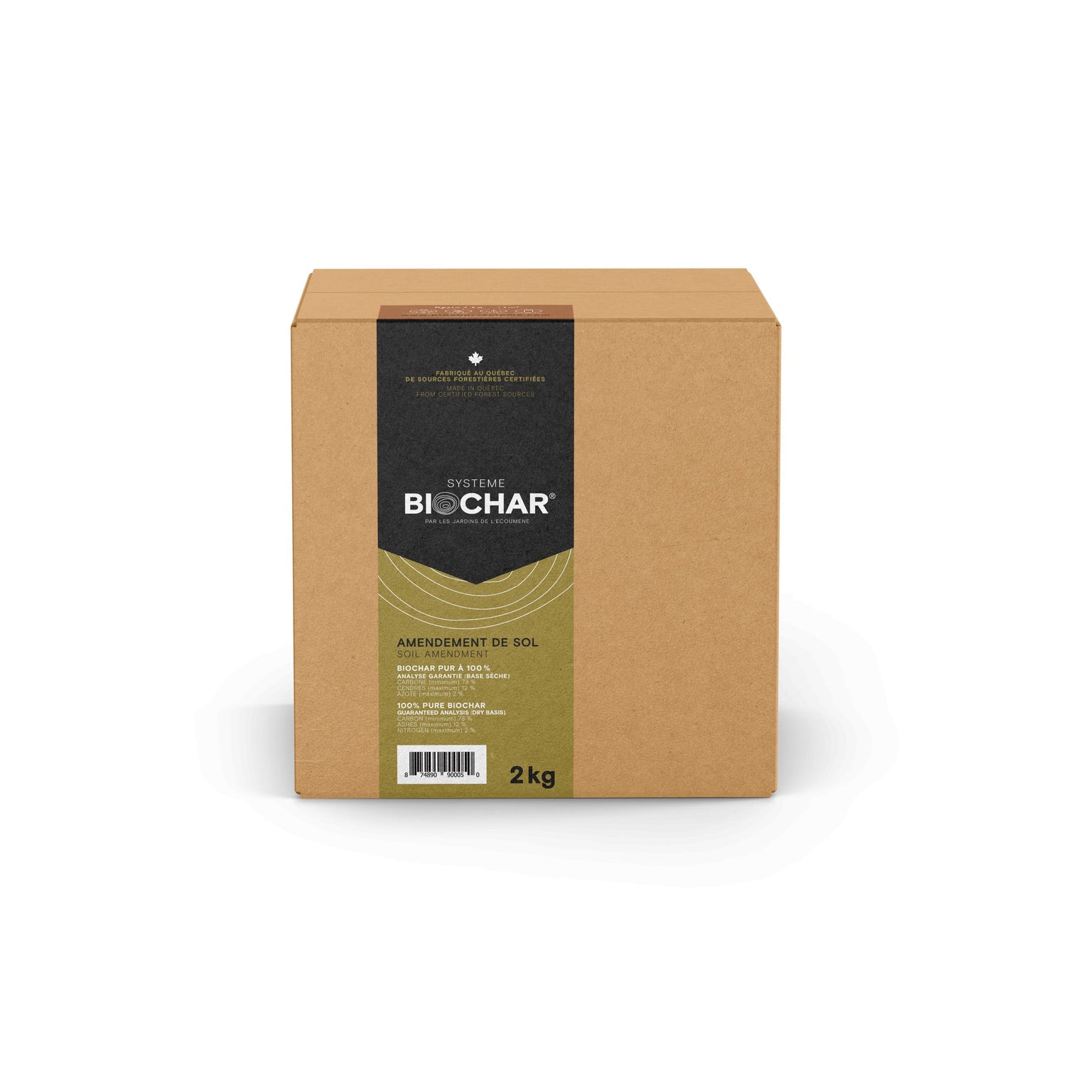 Boîte en carton carré de 2 kg de Biochar.