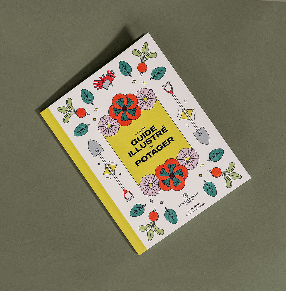 Première de couverture du « Petit guide illustré du potager ». On y voit des dessins de fleurs, de radis, de pelles, de gants de jardin et de feuilles.