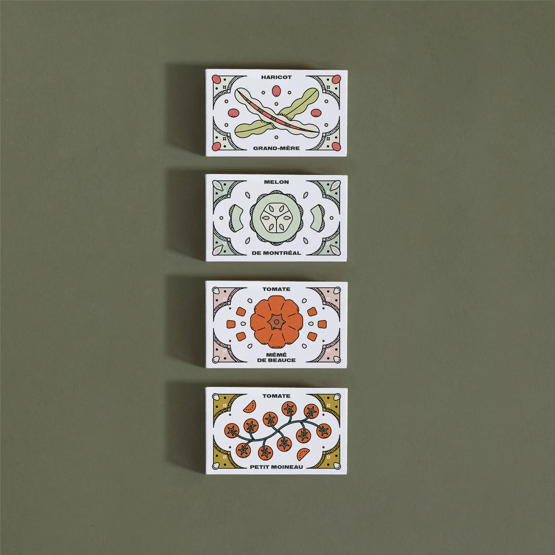 Quatre (4) petites boites, chacune illustrée avec la variété de semences qu'elle contient. 